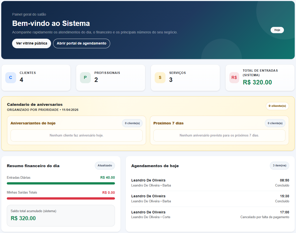 Painel principal do sistema do salão